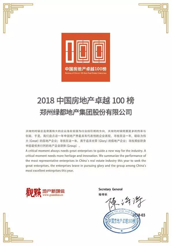 再获佳绩，，，，，，ca88官方唯一网站地产荣登“2018中国房地产卓越100榜”